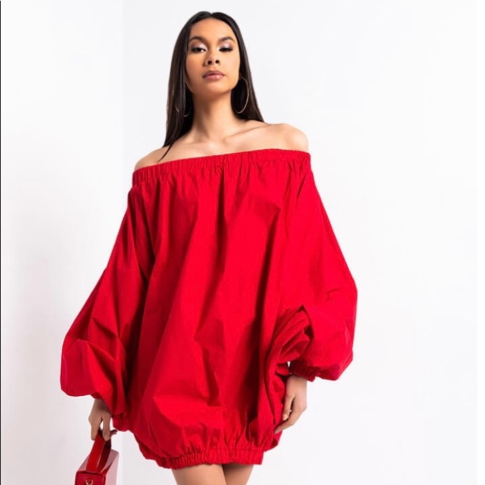Off-Shoulder Red Balloon Sleeve Mini Dress - Picture 2 of 6